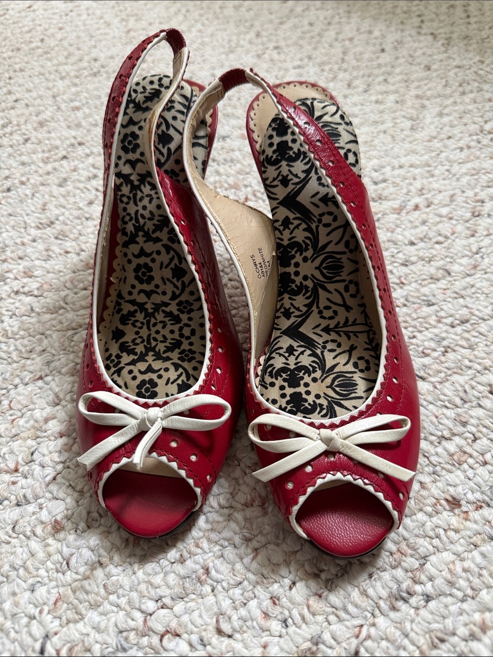 Red Peep-Toe Slingback Heels with Cream Bow